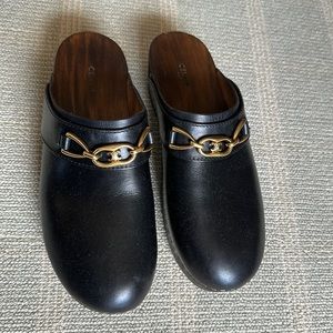 Celine Triomphe Les Bois black clogs with gold Celine logo hardware, size 40.